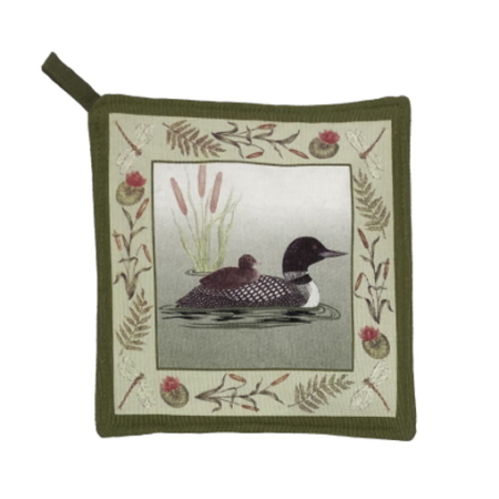 Potholder featuring loon with chick in front of cattails with a lake themed border