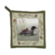 Potholder featuring loon with chick in front of cattails with a lake themed border