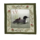 Flour Sack Towel featuring loon with chick in front of cattails with a lake themed border