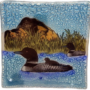 Loon with chick glass plate