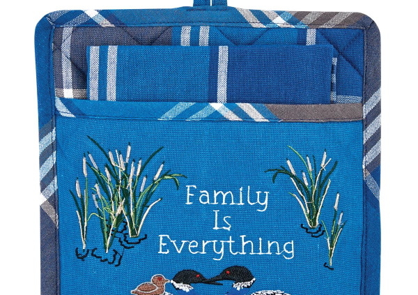 Blue plaid potholder with coordinating towel